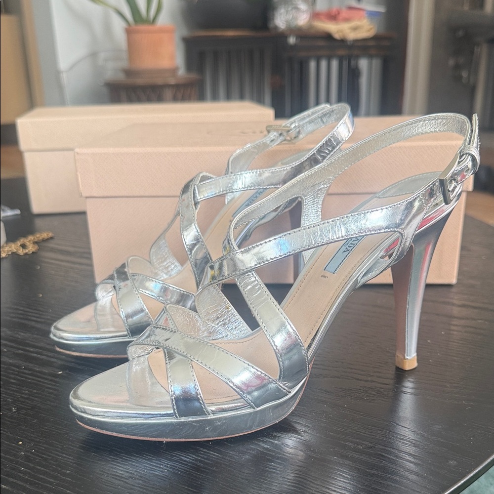 Prada Silver Metallic Strappy Platform Sandals - Picture 2 of 9